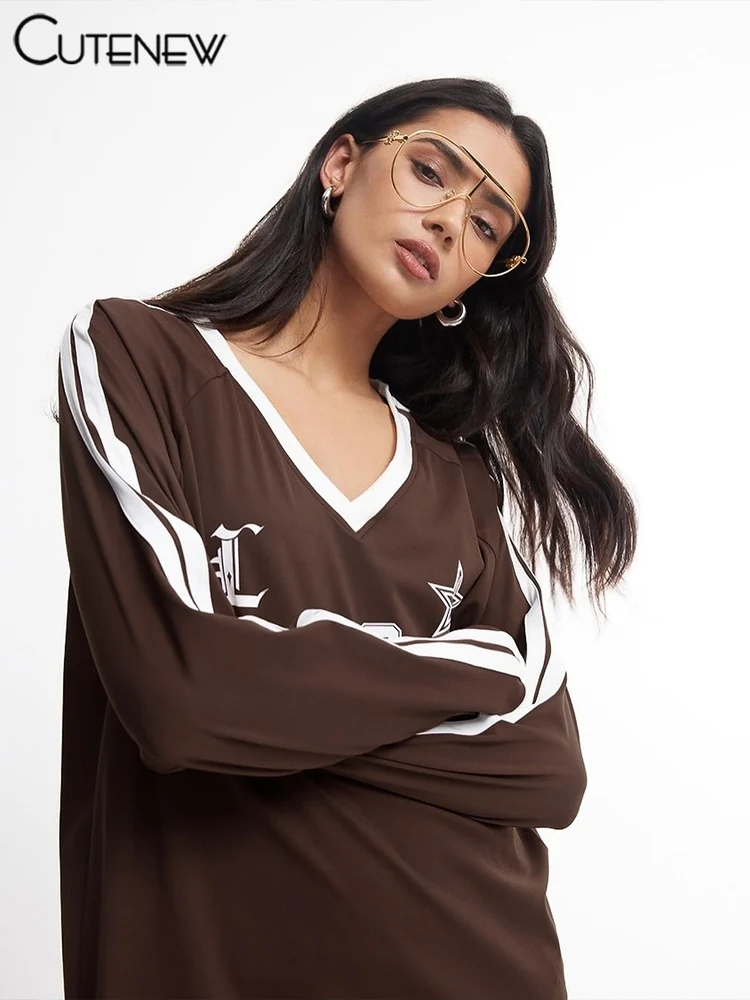 Football Track Women T-shirts Autumn Printed Striped Long Sleeve V-neck Oversized Tops Female Active Casual Streetwear