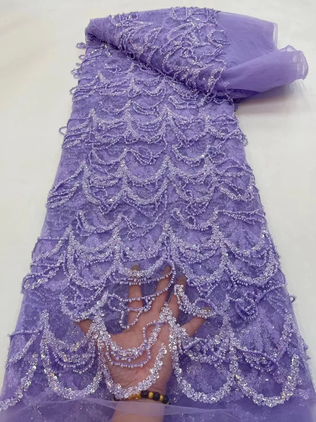 

Unique African Luxury Sequins And Beaded Embroidered Tulle Lace Fabric French Handmade Sequin Lace Fabric For Wedding Dress Sew