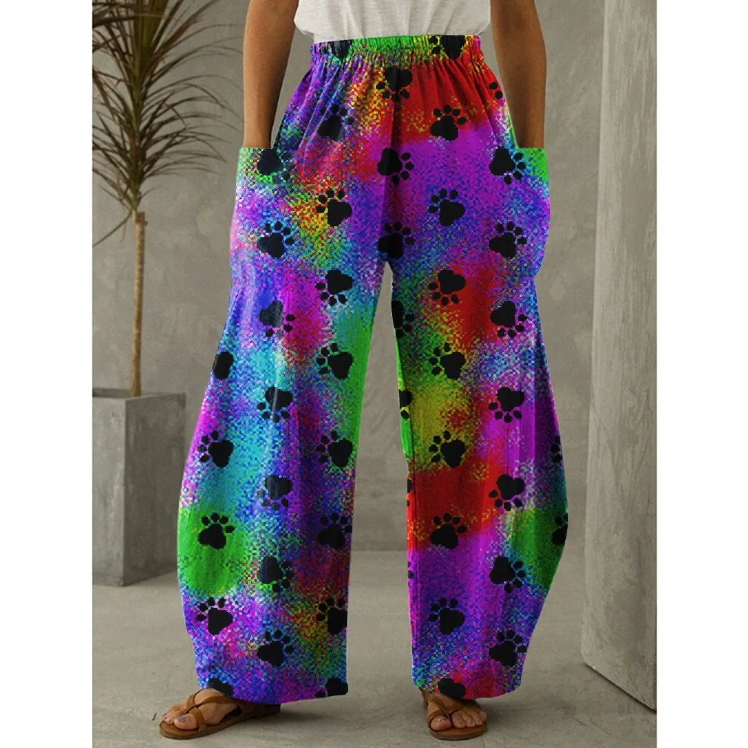 Spring Stylish Dog Paw Print Pants Summer Casual Oversized Girls Cute Y2K Trousers Pocket Women Wide Leg Pants Pantalon