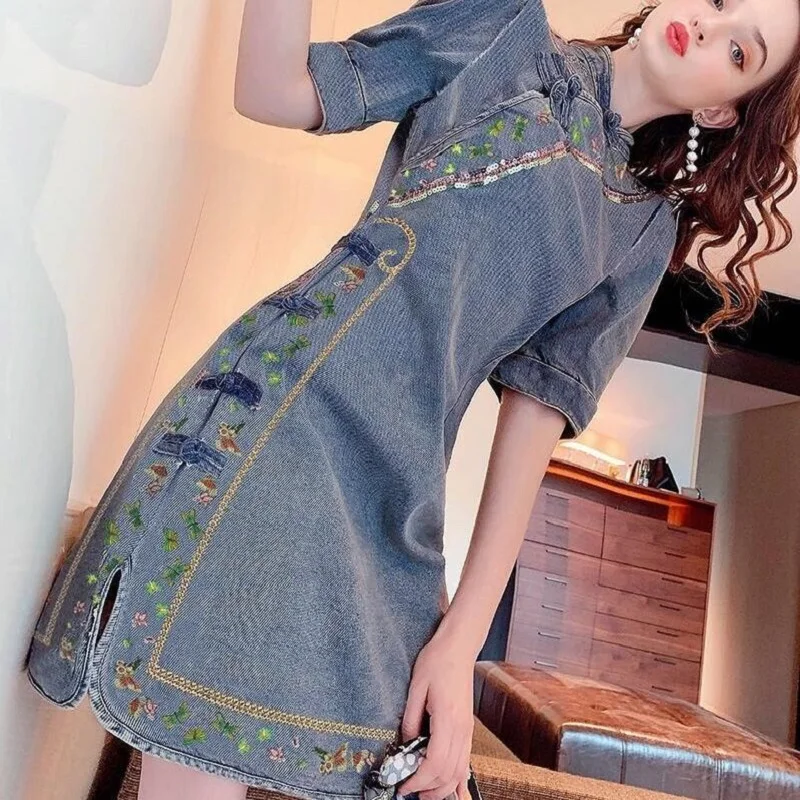 

Spring/summer new vintage embroidered disc buckle Qipao dress style girls sexy denim dress women simple A-line skirt tide
