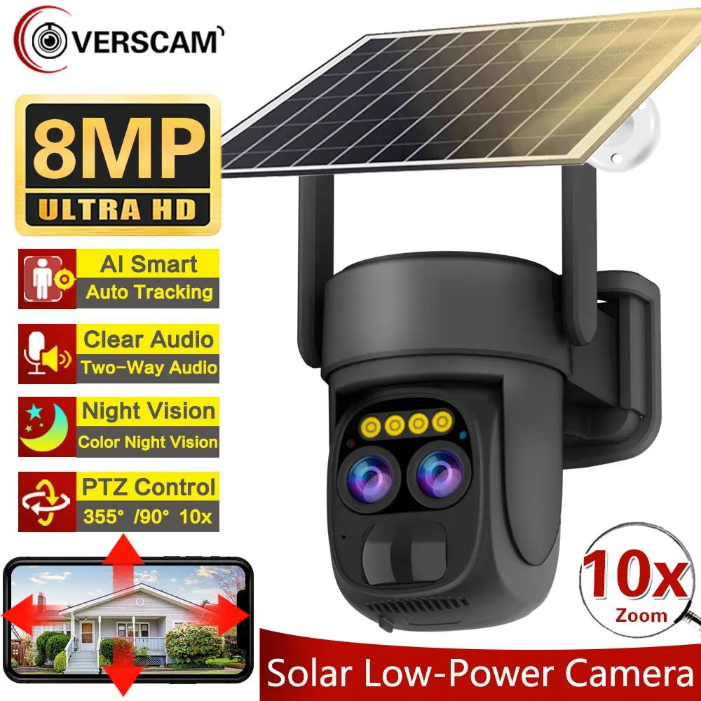 Full HD 8MP 4K 10X PTZ Zoom WiFi Solar Dual Lens Camera CCTV Security Outdoor Audio IP With Rechargeable Battery Camera 356Days full hd 8mp 4k 10x ptz zoom wifi solar dual lens camera cctv security outdoor audio ip with rechargeable battery camera 356days