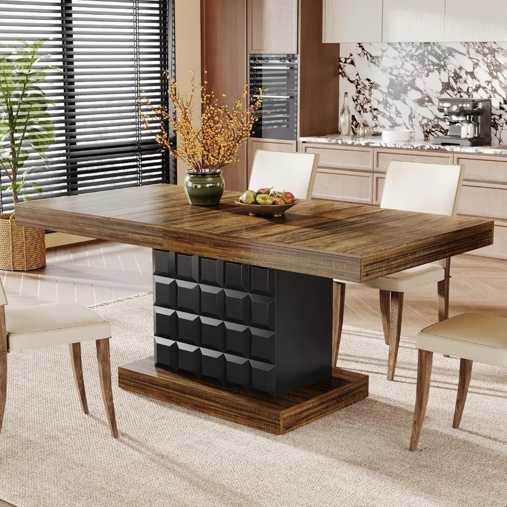 63'' Dining Table for 4-6, Farmhouse Wooden Rectangular Dinner Table with Geometric Relief, Pedestal Base (Brown, Customized