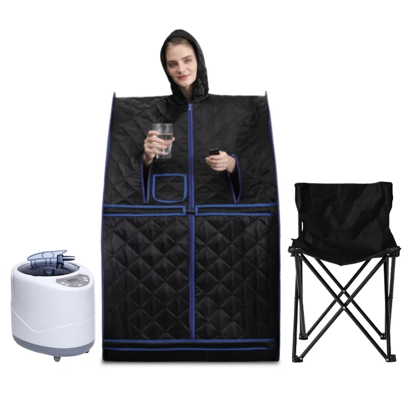 ซาวน่าไอน้ํา ซาวน่าในบ้านแบบพกพาพร้อมรีโมทคอนโทรลเครื่องกําเนิดไฟฟ้า 3 ลิตร 1000W และเก้าอี้พับได้เพื่อการผ่อนคลาย 1