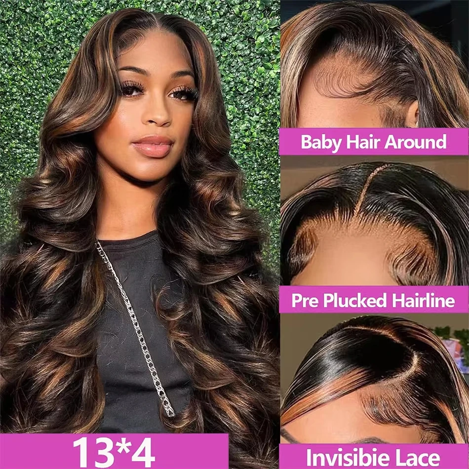 30 Inch 1B/30 Black Brown Highlight Ombre Body Wave 13x6 HD Lace Front Wigs 13x4 Lace Frontal Wig Human Hair for Women