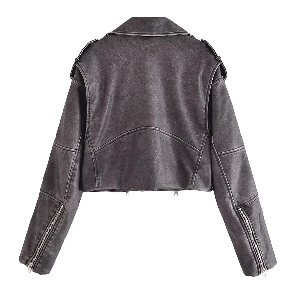 Withered Fashion Retro Zipper Lapel Leather Jacket Coat High Street Distressed Motorcycle Leather Jacket Women