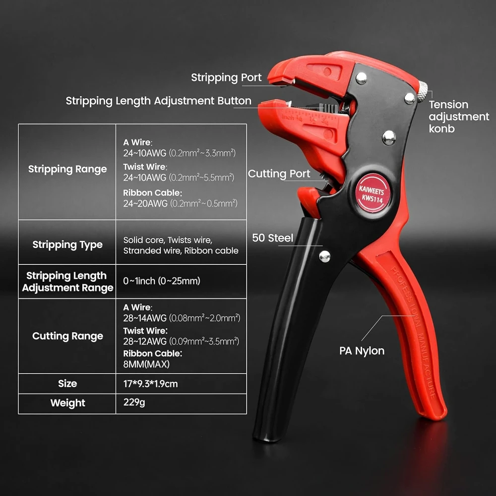 Automatic Wire Stripper and Cutter 2 in 1 Adjustable 10-24 AWG Electrical Cable Stripping Tool