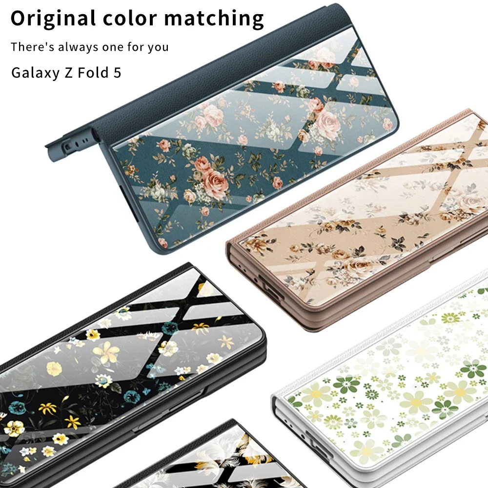 For Samsung Galaxy Z Fold 5 Case Leather & Floral pattern Glass Hard Back Flip Cover for Galaxy Z Fold5 5G Funda