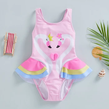 Girls  Swimsuit Sleeveless Round Neck Mermaid Print Summer Beach Ruffle Bodysuit Swimwear with Bow Detail 1