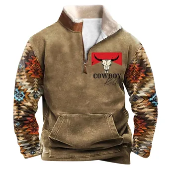 Men's Western Fleece Jacket Cowboy Bull Head Print Pullover 1/4 Zip Stand Collar Long Sleeve Country Sweatshirts Pullover Coats 4