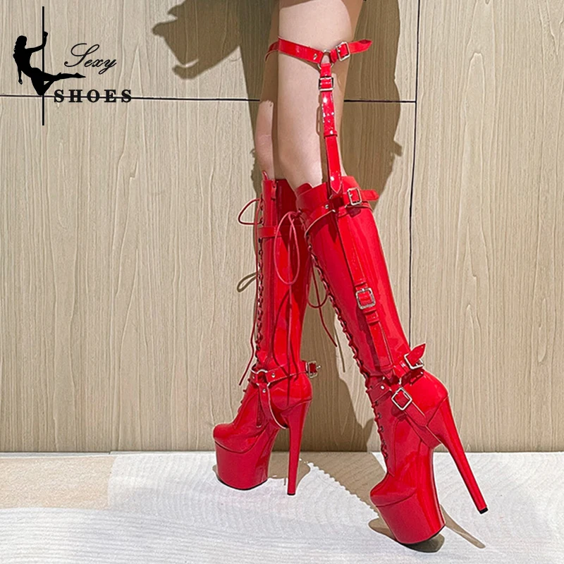 17CM Mid-Calf Long Tube Boots Stiletto Women Shoes Platform Modern Boots Catwalk Fashion Heels Detachable Thigh Belt Buckle Boot