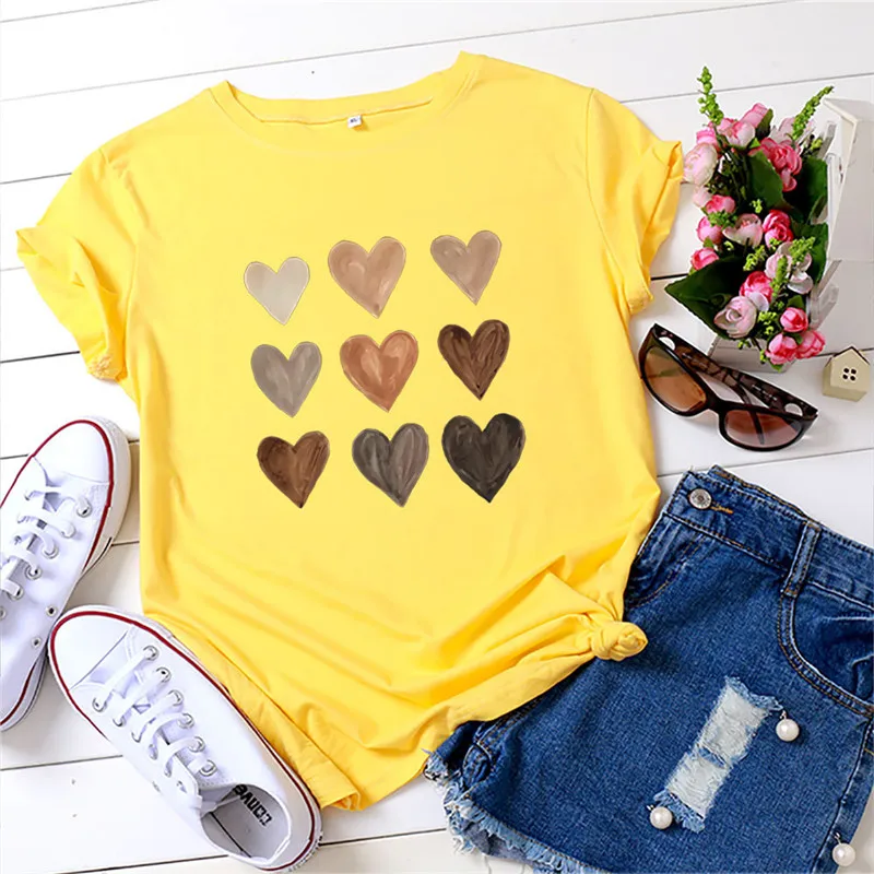 2022 Summer T Shirt 100%Cotton Women Shirt Fashion Heart Print T-Shirt O Neck Short Sleeve Tees Vintage Women Sexy Tops off white t shirt Tees