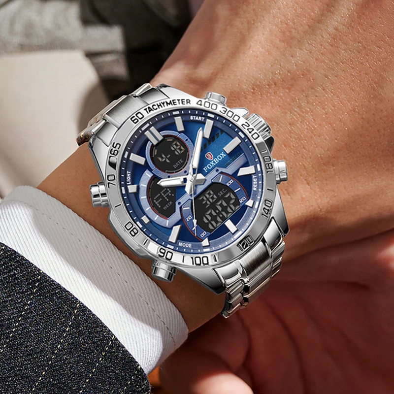 FOXBOX Watches For Men Luxury Brand Digital Chronograph Sport Quartz Wrist Watch Waterproof Military Steel Band Luminous Clock