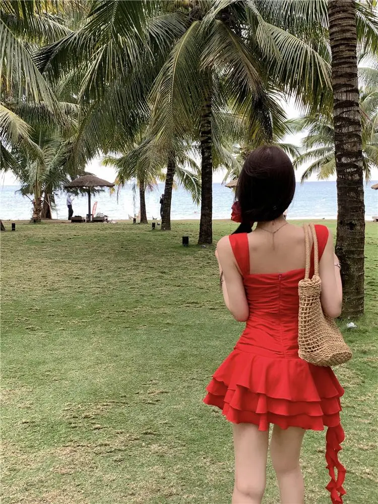 Summer New Holiday Beach Style Short Dresses for Women Spaghetti Strap Ruffles A-line Birthday Party Dress Korean Chic Vestidos