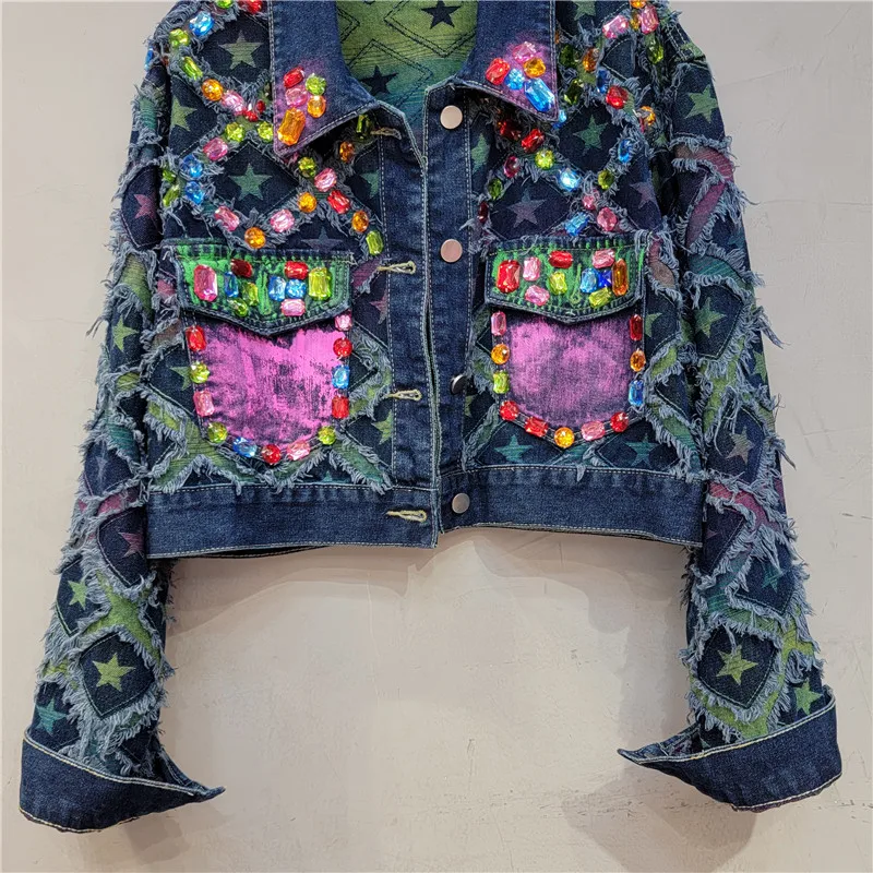 2023 Autumn New Korean Style Heavy Industry Hand-Painted Beaded Frayed Stitching Casual Denim Short Coat Women Jeans Jacket
