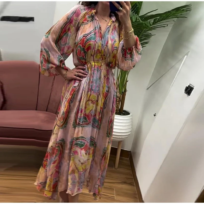 Retro Print Elegant Pleated Lantern Long Dress Sleeve V-neck Single Breasted Dress A-line Casual High Waist Women Summer Robe