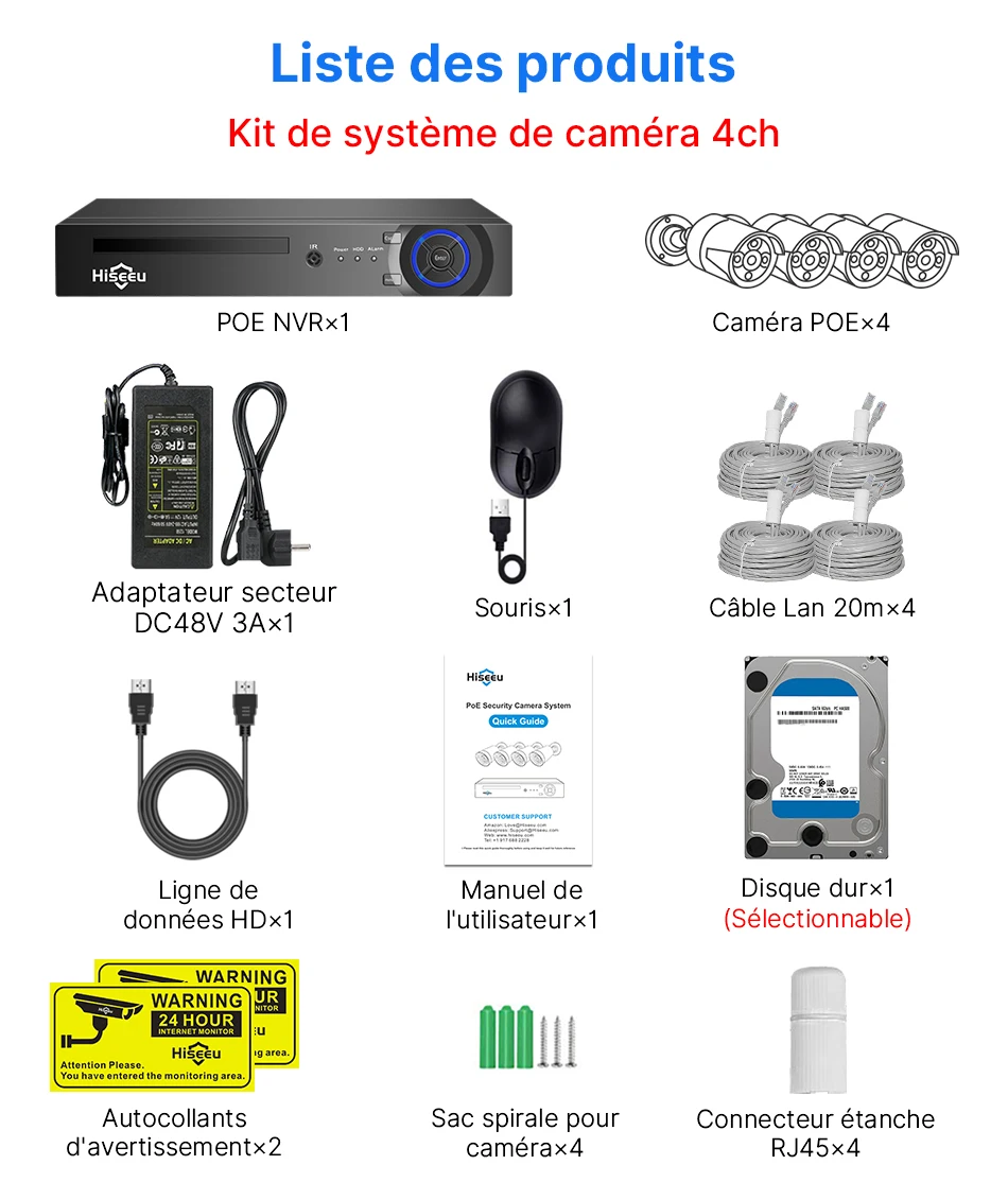 Hiseeu 5MP CCTV 10CH 4K NVR POE ONVIF Kit Caméra IP Camera Voiture Vigilância De Recul Security Protection Appareille Photo De Video Surveillance Maison pour La Maison Extérieure Camara Exterior