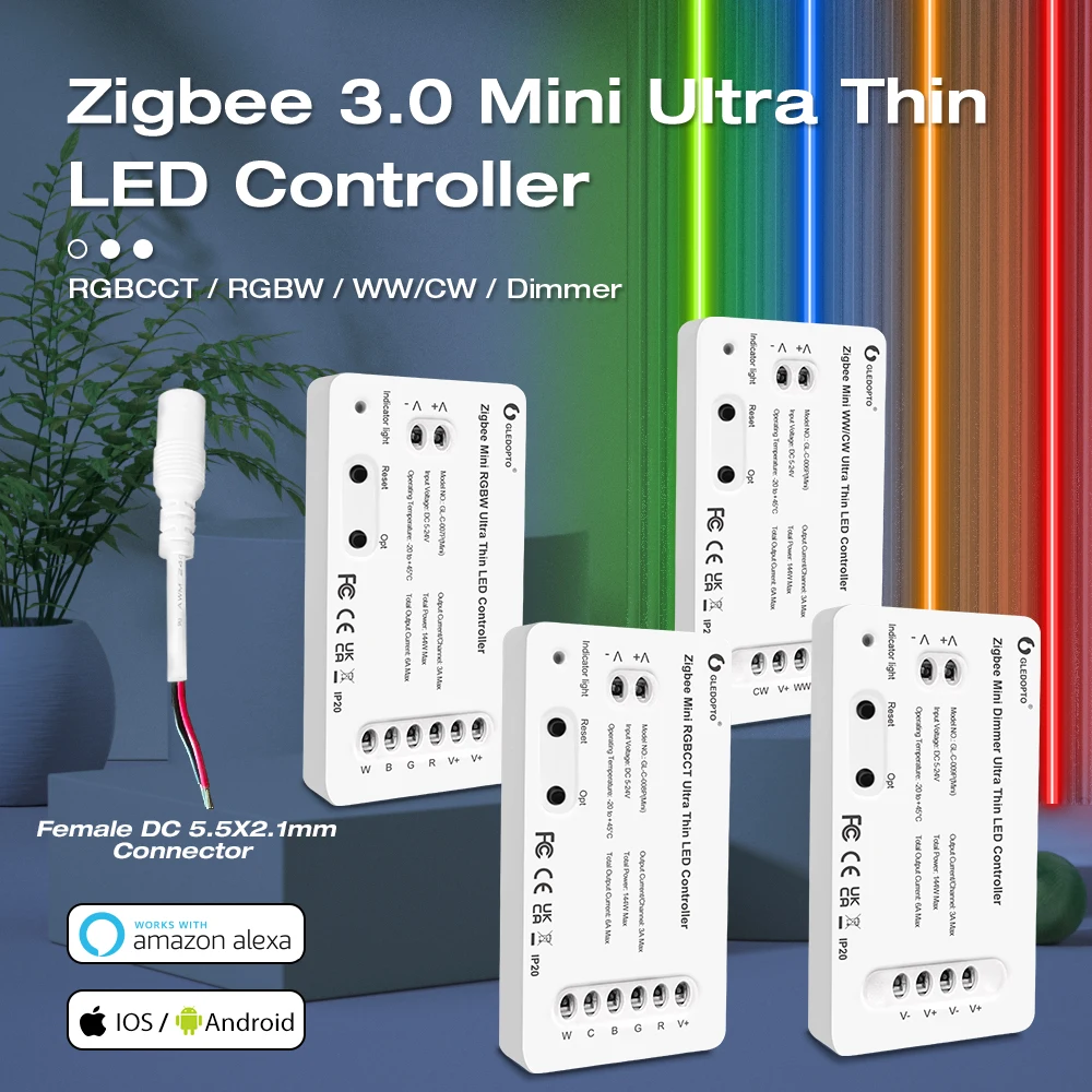 Gledopto Zigbee 3.0 Ultra Thin Mini LED Controller DIM RGB CCT RGBW LED Dimmer Alexa Voice APP Controller