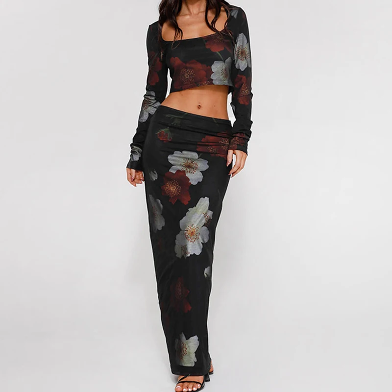 

PASSIONNÉ Flowers Print Women‘s Suit Square Collar Long Sleeve Crop Tops High Waist Wrap Hip Skirts Set Female 2023 Fashion New
