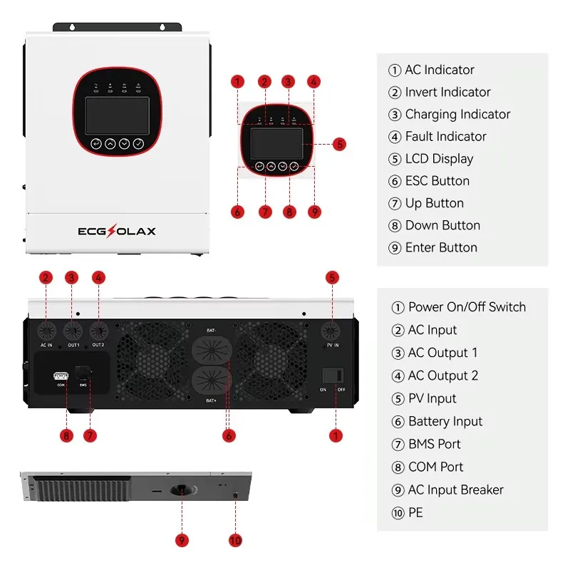 ECGSOLAX 5KW 6.5KW 하이브리드 태양광 인버터 24V 48V 220Vac MPPT 120A 160A 태양광 충전기 내장형 순수 정현파 인버터 WIFI 탑재