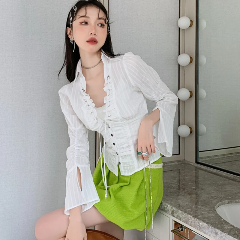 

ZCSMLL White long sleeve short drawstring shirt vintage horn 2022 spring summer solid color bubble sleeve blouse female