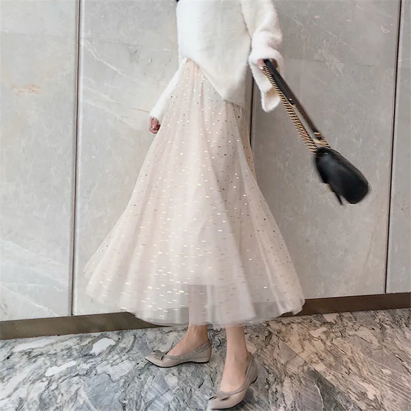 Tulle Skirt Mesh Star Sequins High Waist A-line Midi Skirt Pink Beige Evening Nigth Party Sexy Skirt Women falda black skirt Skirts