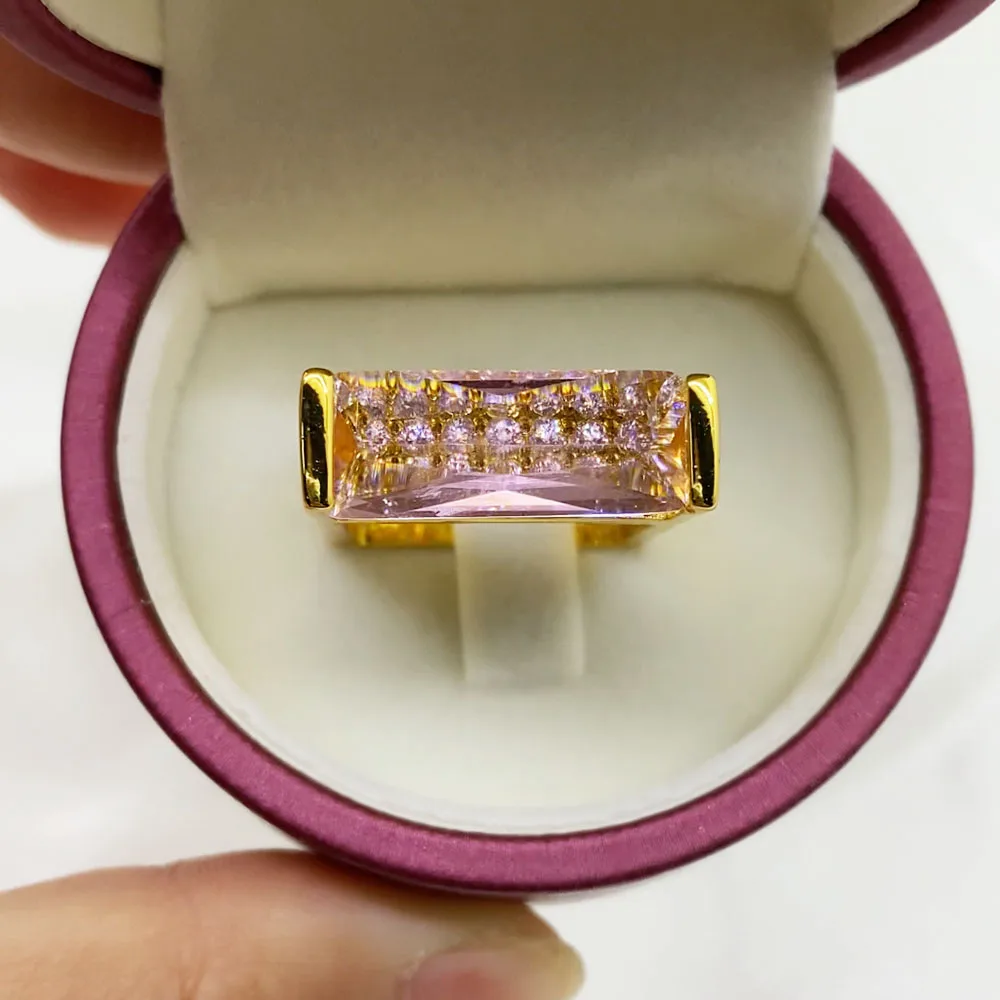 14K Gold Inlaid Pink Geometric Rectangular Ring Women's Wedding Gift Pink Gem Party Ring wedding rings gold rings gemstone ring