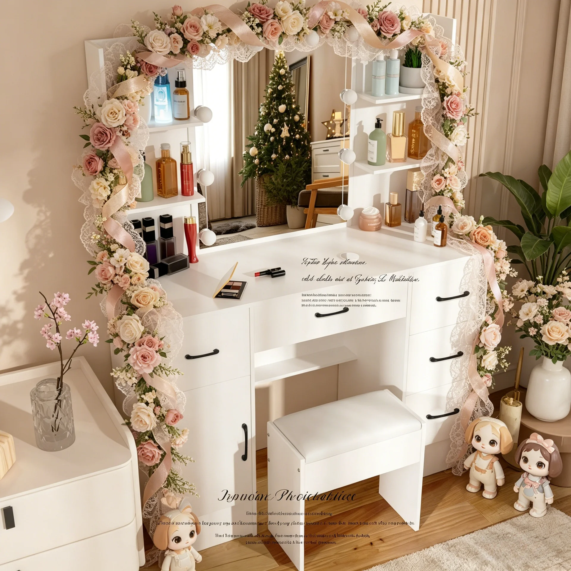 White Modern Vanity Set, 10 LED Lighted Mirror, 3 Color Dimmable, 5 Drawers & Stool, Bedroom Dresser
