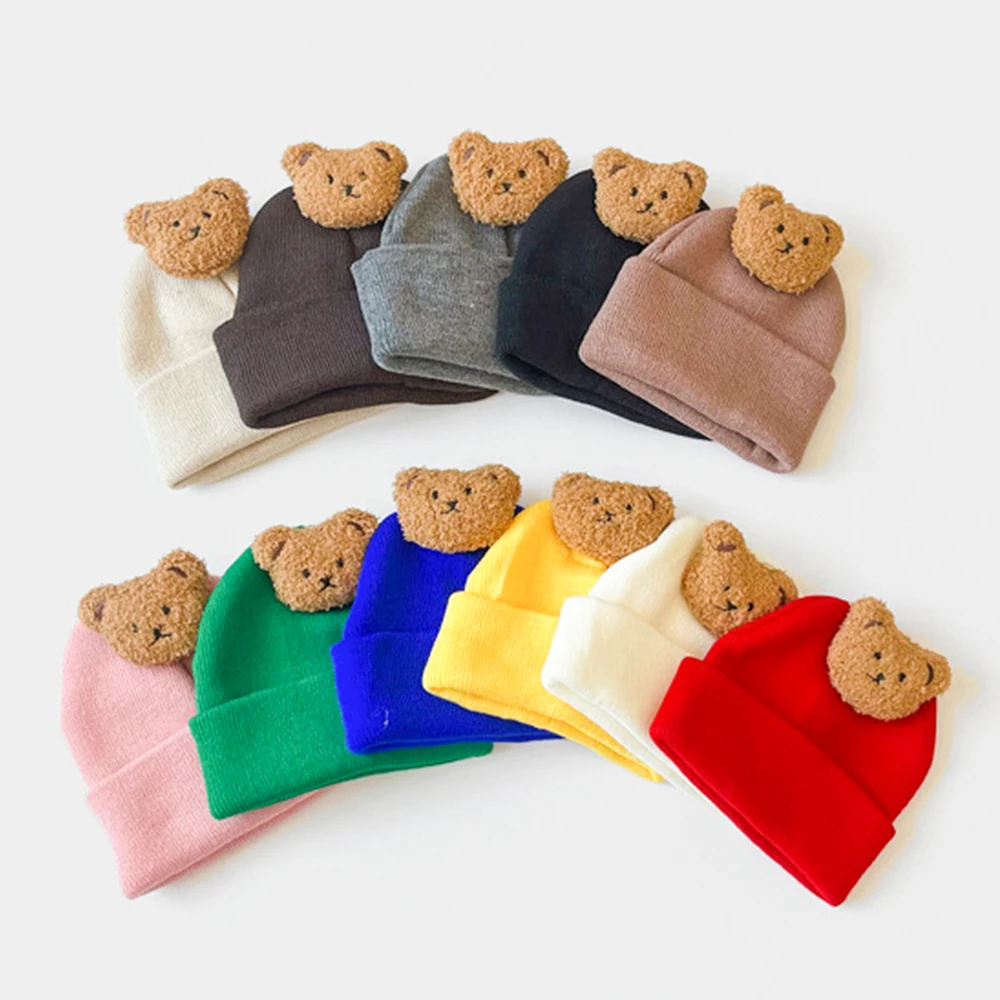 

0-3T Newborn Cartoon Bear Knitted Winter Beanie Baby Solid Crochet Warn Hat Bonnet Infant Headwear Hat Skullcap Cute Skullies