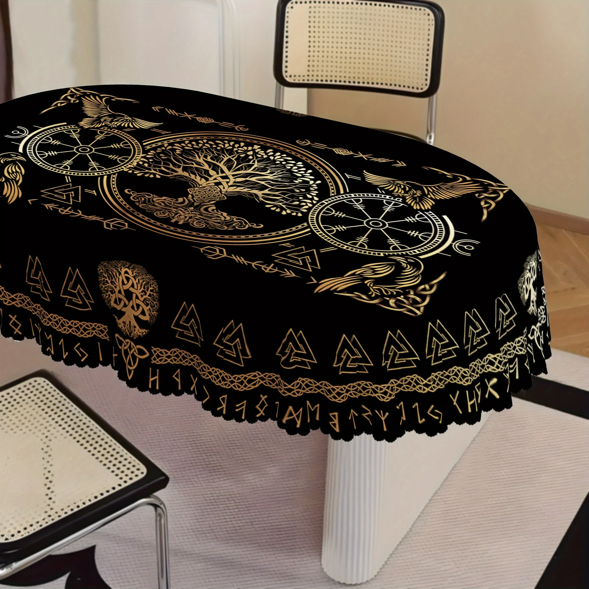 Tovaglia rettangolare con corvo vichingo dorato Decorazioni per feste natalizie Albero della vita Simboli runi norvegesi Tovaglie per decorazioni per la tavola da cucina 4