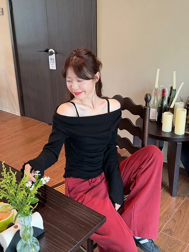 Fake Two-piece Off Shoulder Long Sleeve T-shirt Women's Sexy Slash Neck Flare Sleeve Base Shirt Top Autumn Casual Slim Fit Tops