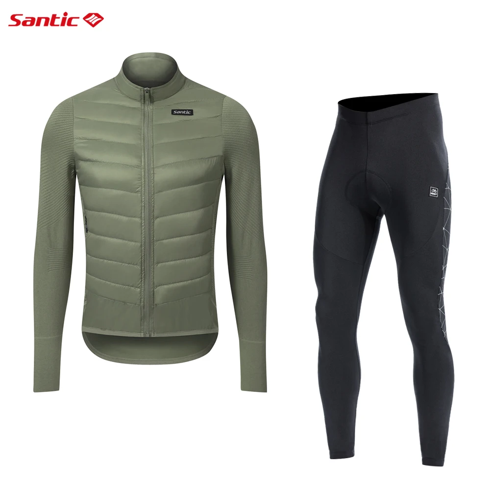 Santic Winter Men's Cycling Suit Cycling Down Jacket Bike Padded Pants with Cushion Bike Suit