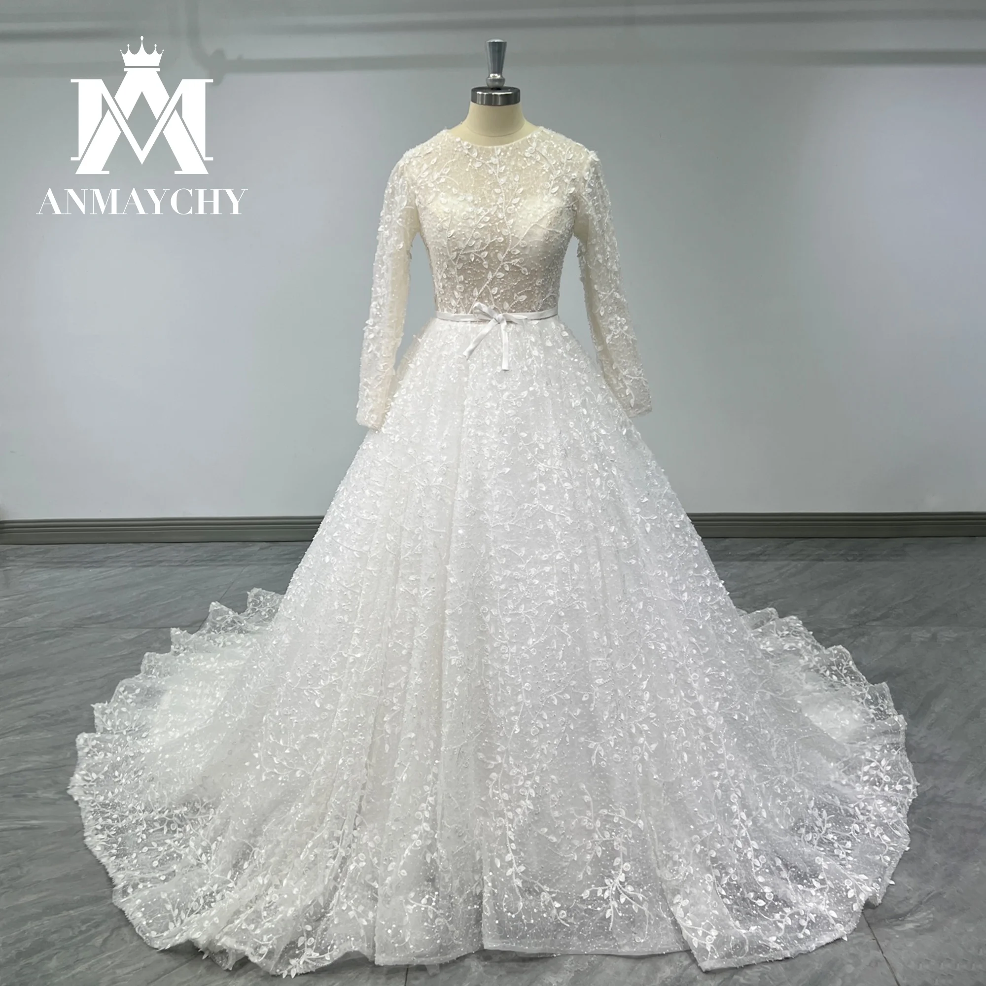 

Женское свадебное платье-трапеция ANMAYCHY, блестящее кружевное платье на молнии с длинным рукавом и вышивкой, 2023