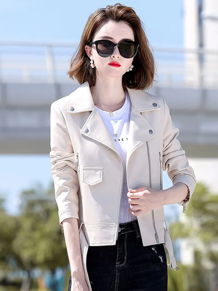 New Women Biker Leather Jacket Spring Autumn Fashion Cool Motor Style Suit Collar Sheepskin Short Coat Slim Jacket Split Leather
