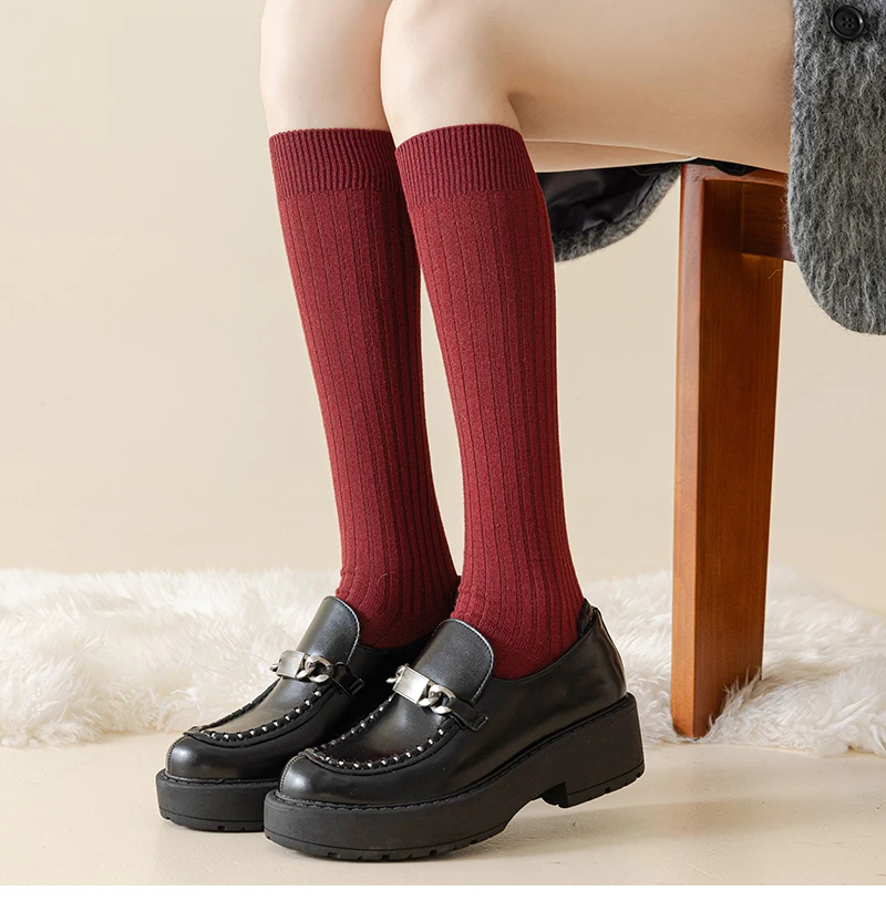 Description Picture 6 of itemTrendy Women's Stockings New Japanese Style Solid Color Simple Red Long Women Socks Striped Fashion Korean Knee High Socks Wool