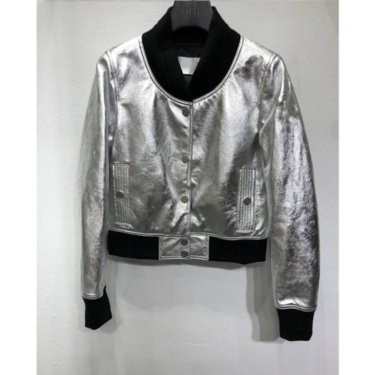 

Zhou Xun, Alu, Xin Ni'er, Same Style Fragrant Silver Crack Genuine Leather Jacket, Women's Short Motorcycle Baseball Jacket