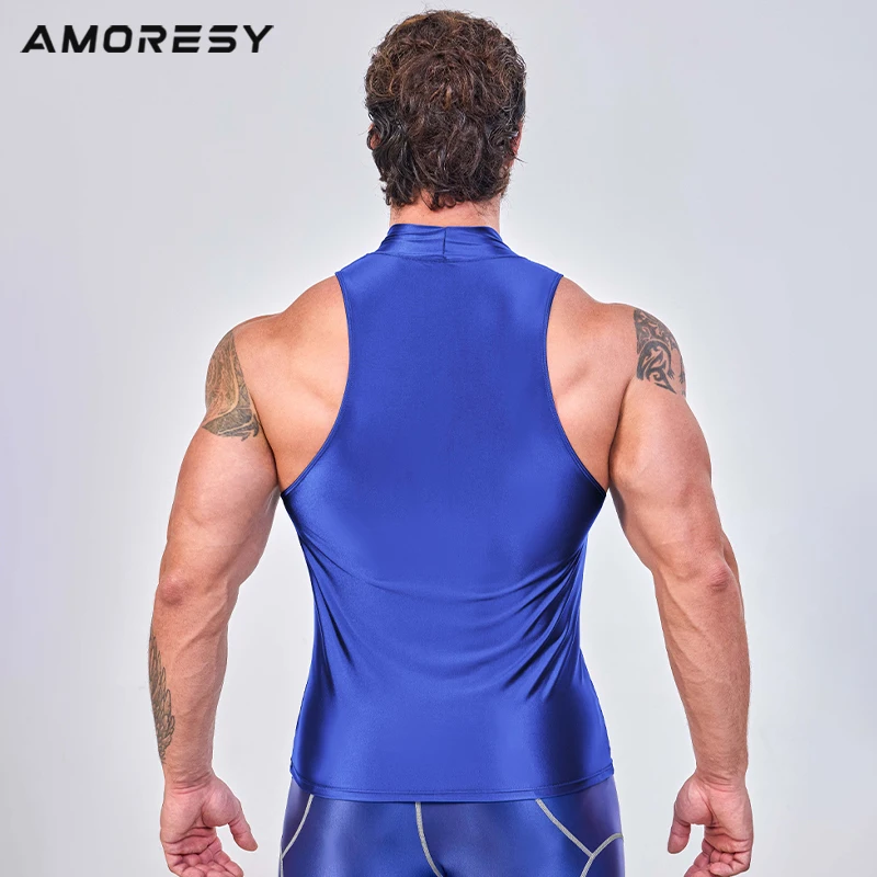 AMORESY sexy gloss yoga workout Training clothes High neck sports vest Shiny breathable Tights smooth swimsuit man
