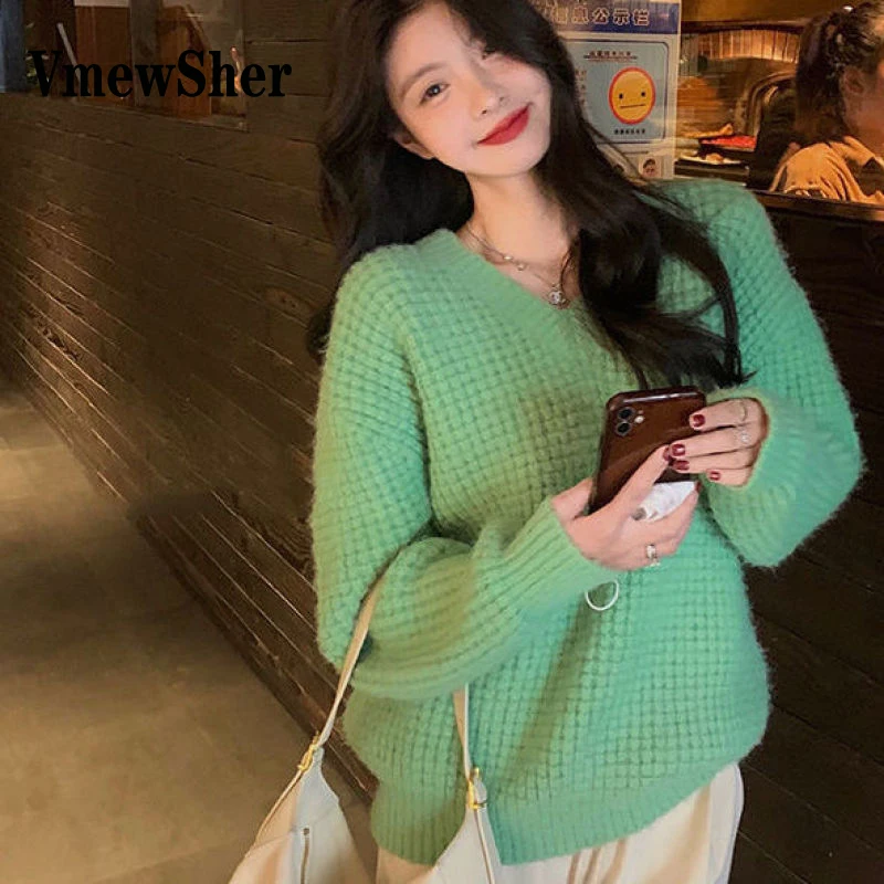 

VmewSher Vintage Plain 5 Color Sweater Women Autumn Winter Thick Loose Knit Pullover V Neck Casual Plaid Long Sleeve Jumper Top