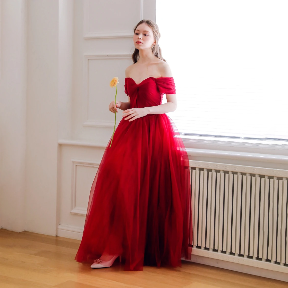 

OEING Sweetheart Korea Garden Evening Dresses Pleat Short Sleeves Formal 프롬드레스 Floor Length Elegant Prom Grown Party Women Bride