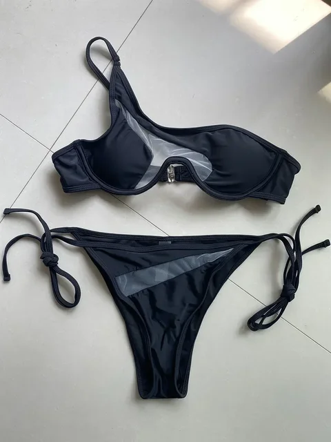 Splicing Mesh One Shoulder Underwire V-bar Bikini Women Swimsuit Female Swimwear Two pieces Bikini set Push Up Bathing suit Swim 1
