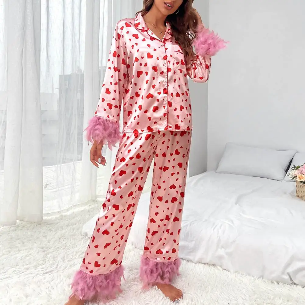 Women Soft Sleepwear Women's Heart Print Pajama Set with Fluffy Feather Decor Wide Leg Elastic Waist Spring Fall for Women