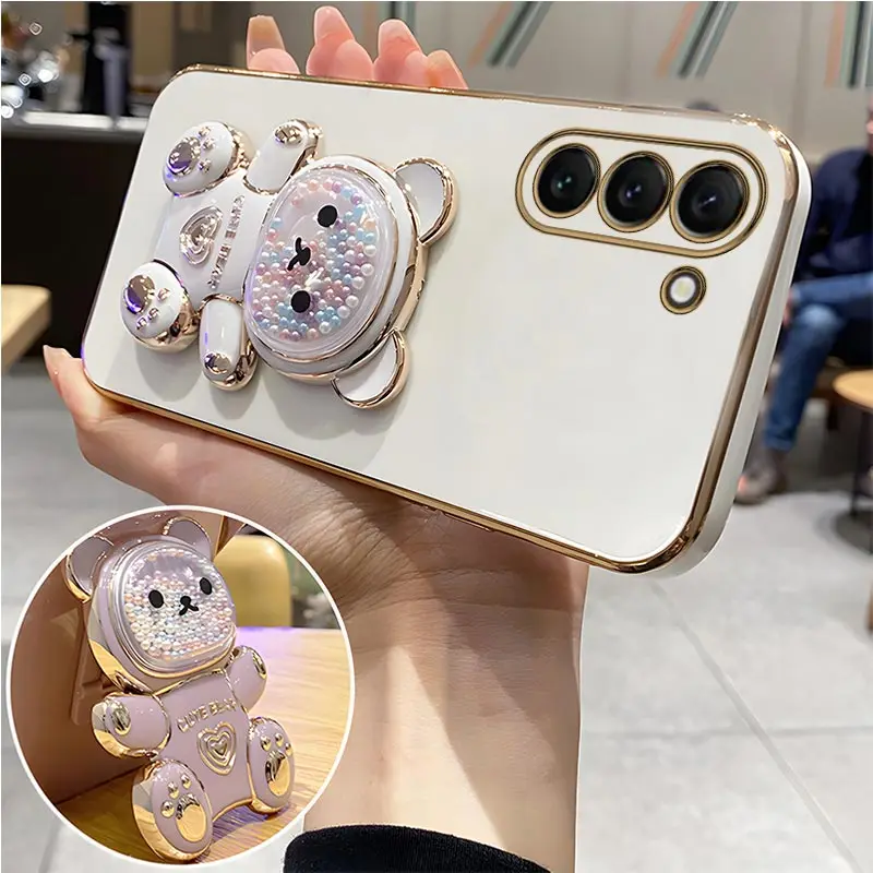 Coque de téléphone plaquée avec support d'ours mouvant, étui mignon pour Samsung Galaxy S23 S21 S20 S22 S10 Note 10 20 23 Plus Ultra S21Fe_voghion.com