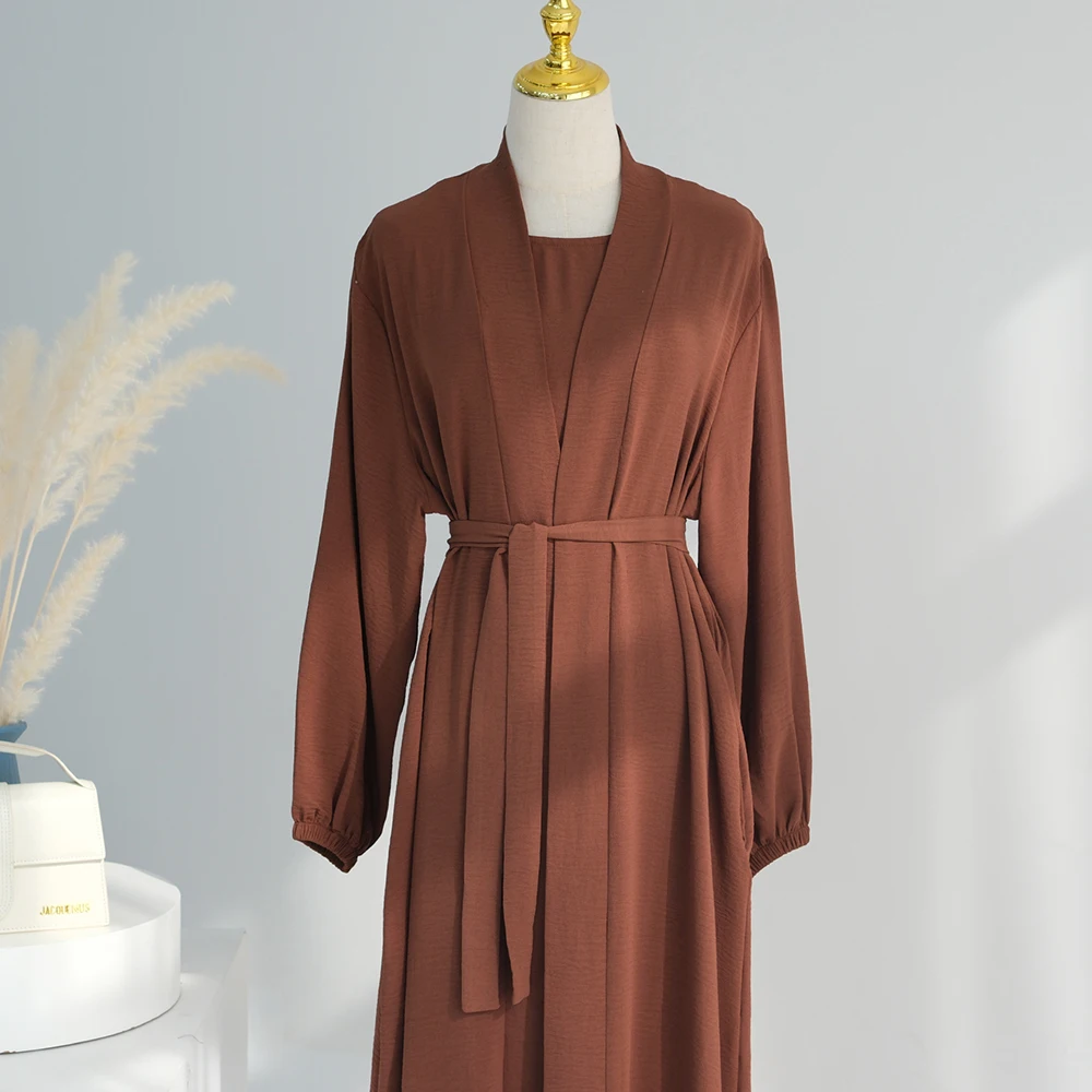 2025 Latest 2 Piece Abaya Set Plain Abaya EID Ramadan Islamic Clothing Women Muslim Dress Cardigan Abaya 5