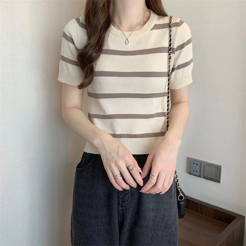 Striped Knitted Short SleeveTWomen's Summer T-shirt2023New Design Sense Niche Slim-Fit Slimming Shoulder Short Tops 3