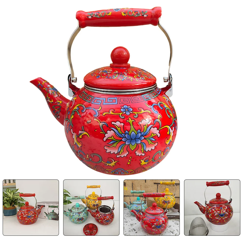 

Doitool Ceramic Enamel Tea Kettle 2.2L Large Porcelain Enameled Teakettle Floral Teapot Stovetop Hot Water Kettle Pot