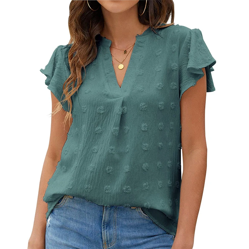 

Женская шифоновая блузка с коротким рукавом, свободная повседневная однотонная жаккардовая Блузка с оборками, модель 2023 на лето, 25097