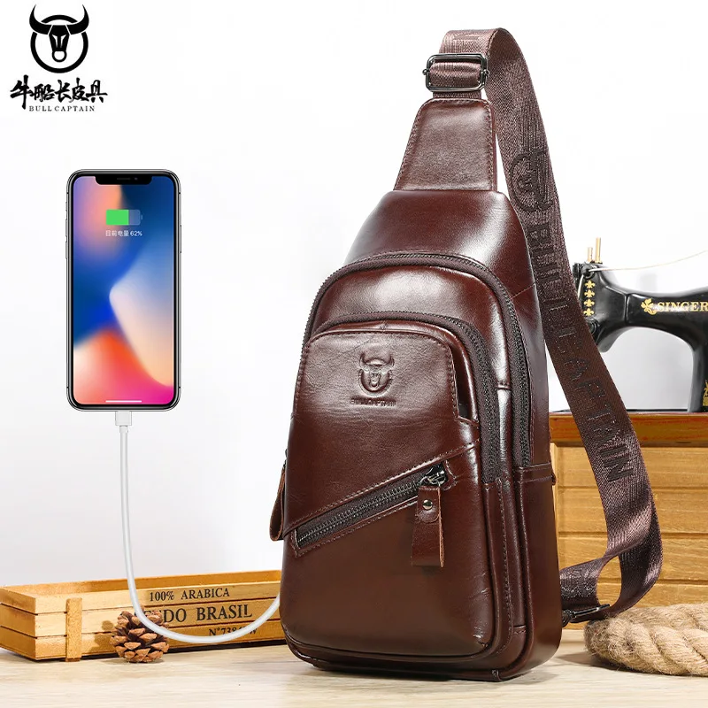 

BULLCAPTAIN leather men's crossbody chest bag soft head layer cowhide vintage double layer pluggable card charging waist bag