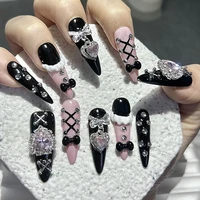 Y2K Menhera Handmade Press On Nails Lolita Sweetheart Skirt Black Pink Fake Nails Cool Spice Cute Bow Love Diamante Tip Nail Art