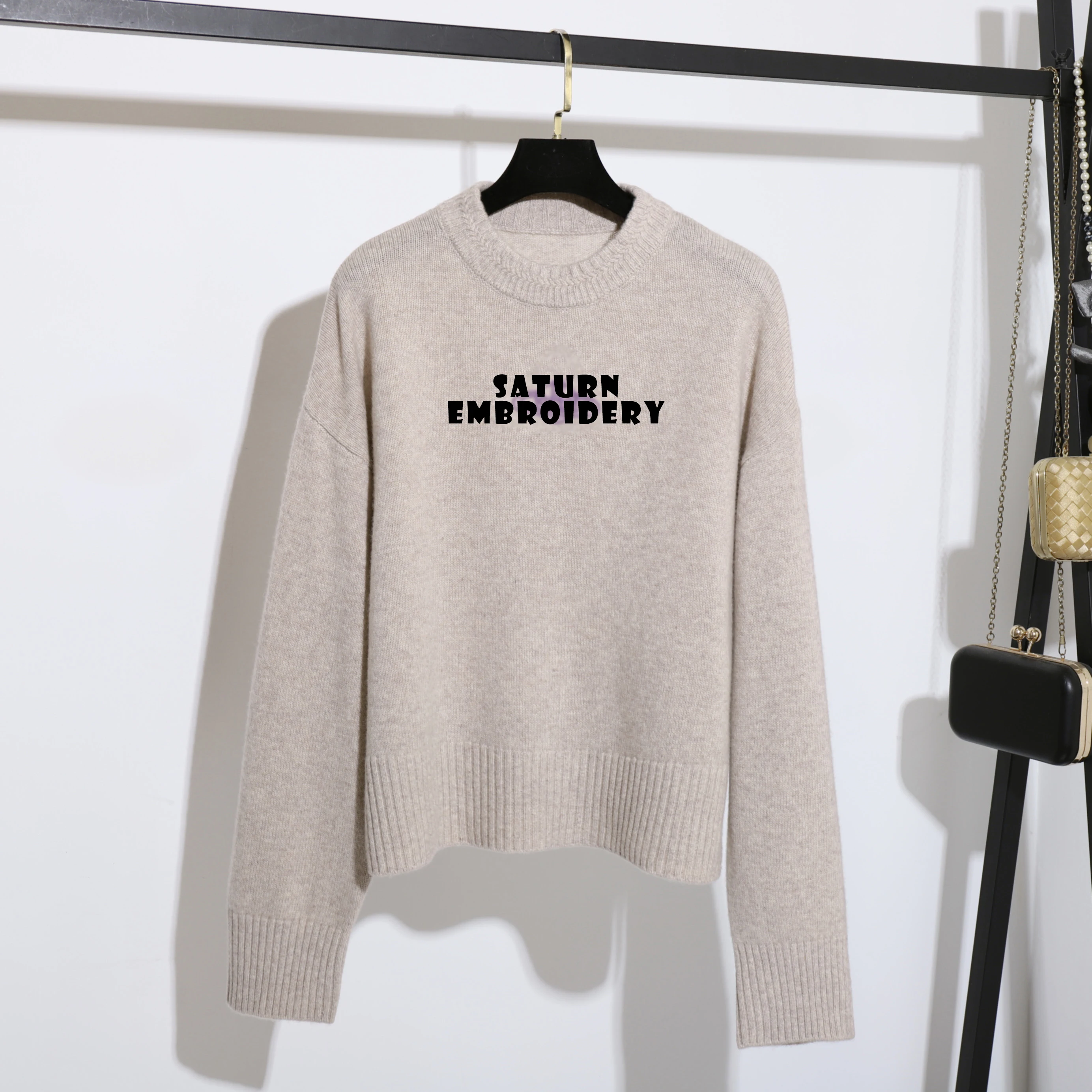 

Winter Saturn Embroidery Ladies Crew Neck Pullover 10% Cashmere 90% Wool Women Sweater