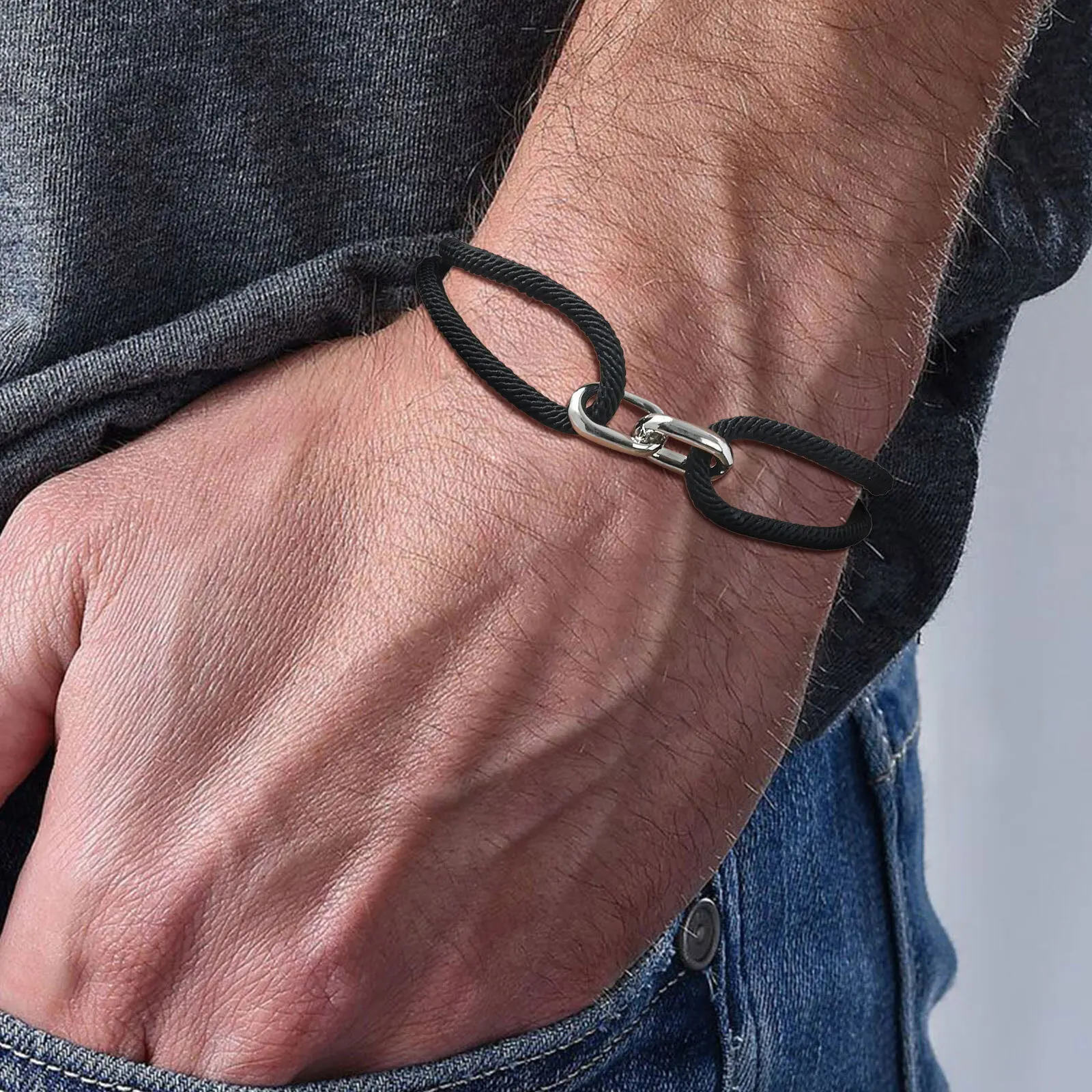 Schwarzes Milan-Seil-Armband für Herren, verstellbares Doppelring-Armband aus Edelstahl, trendiges Schmuckgeschenk