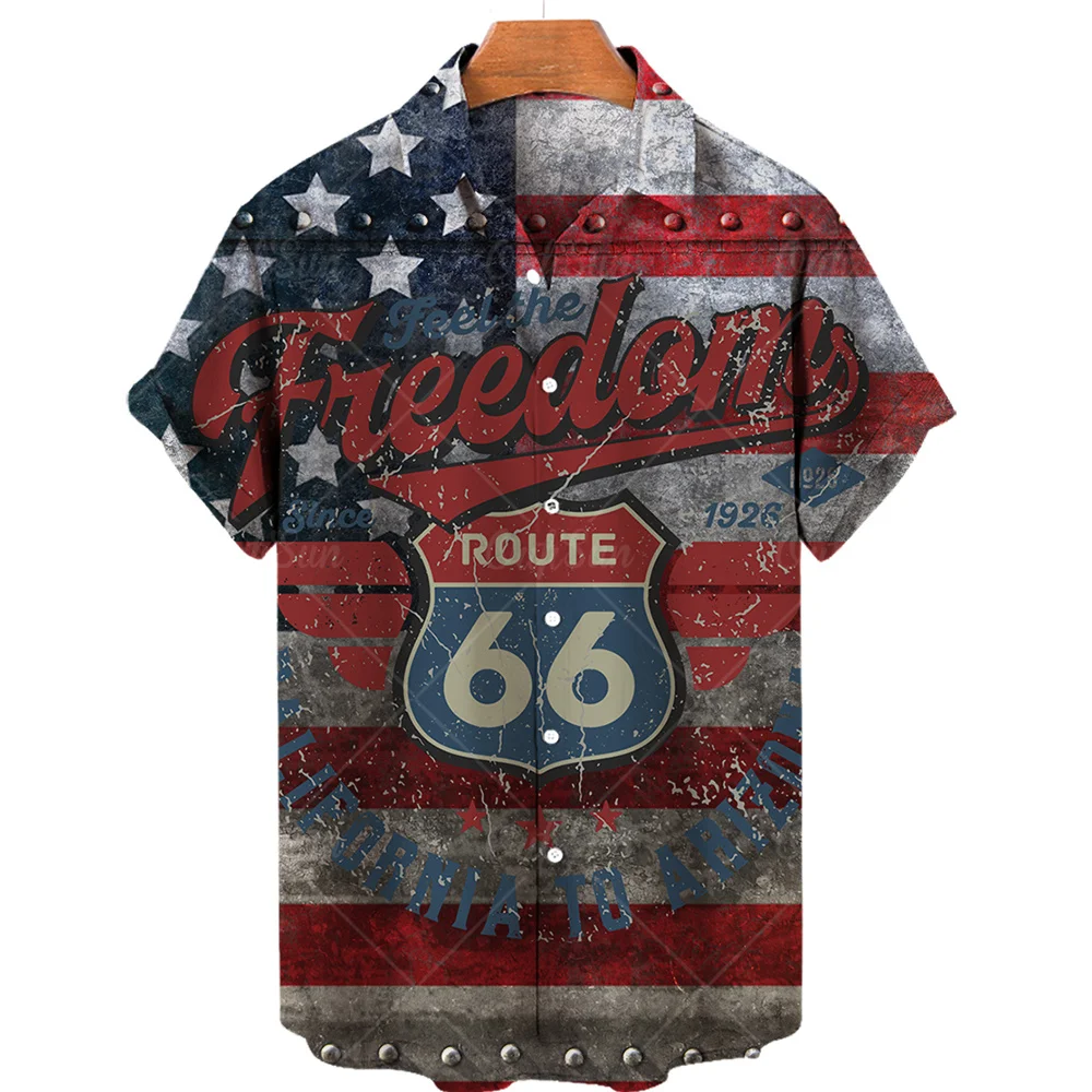 Hawaiian New Men's Shirt Route 66 Street Classic 3d Printed Short Sleeve Tee Rock Music Lapel Plus Size Man Top Vintage Clothes 6